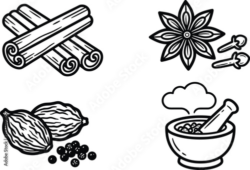 Aromatic spices vector set featuring cinnamon sticks star anise cloves cardamom pods and mortar with pestle outline icons