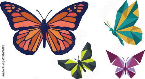 Colorful butterfly vector set featuring orange monarch style and low poly geometric origami insect design elements