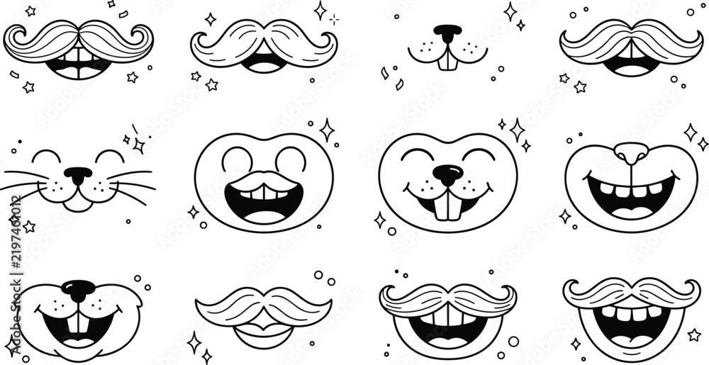 Obraz premium Cute Animal Mouth and Mustache Vector Icon Set with Funny Cat Whiskers Rabbit Teeth and Retro Handlebar Smiles for Photo Booth Props and Sticker Designs