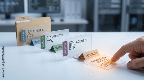 AI Agent Audit Trail - A hand reveals an output document showing the full chain of delegated accountability connecting three agents in a business context.