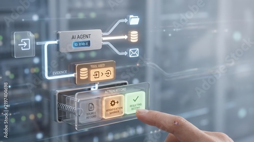 AI Agent Audit Trail - A human hand opens a digital action record, showing the tool used and AI-driven modifications for workflow transparency.