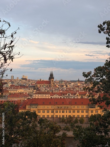 Bild auf Leinwand Prague historic city panorama with red rooftops, church towers and Vltava River