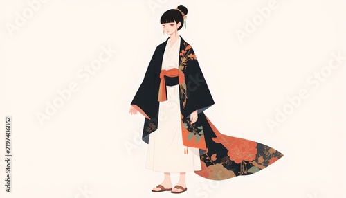 Minimalist character illustration of a person wearing a bohemian kimono over a simple outfit, standing with one hand holding the fabric, calm peaceful expression, clean flat design, white background