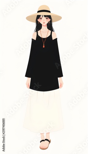Minimalist character illustration of a person wearing a bohemian maxi dress with a wide brim hat, relaxed standing pose, peaceful expression, simple sandals, clean flat illustration, white background