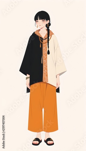 Minimalist character illustration of a person wearing a bohemian poncho and relaxed trousers, standing calmly with hands at the sides, peaceful expression, simple accessories, white background, black