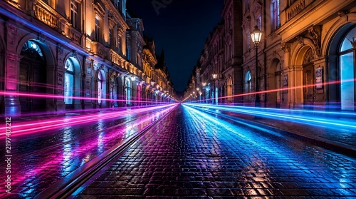 background Futuristic light trails on old city street at night, long exposure neon motion blur on wet cobblestone road, urban architecture with glowing pink and blue energy lines in dark evening