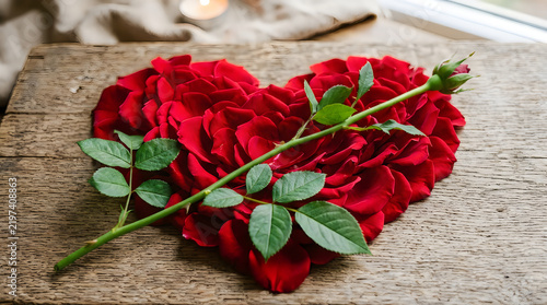 Red roses shaped as a heart on a rustic wooden table illustration