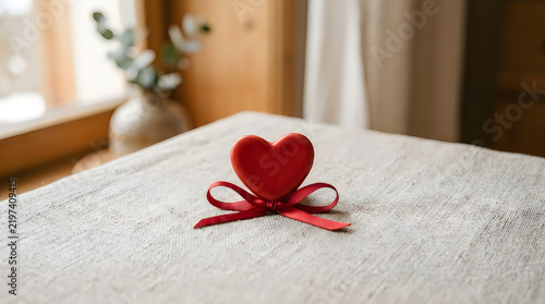 Red heart shape with ribbon on a table in a bright room illustration