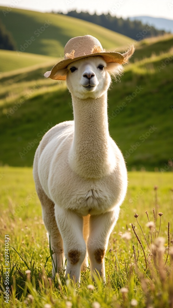 Obraz premium Fluffy Alpaca Wearing a Wheat Straw Hat