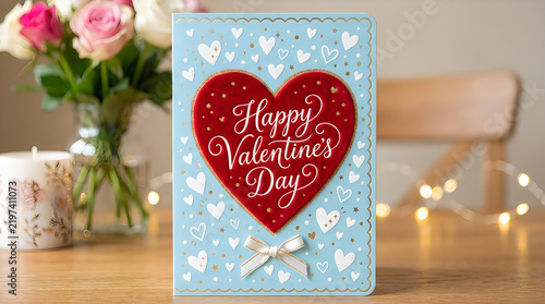 Happy Valentines Day greeting card on a wooden table illustration