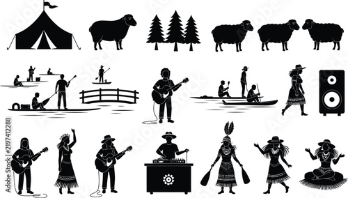 Festival icons set featuring musicians, sheep, camping tents, and cultural dancers in black silhouette.