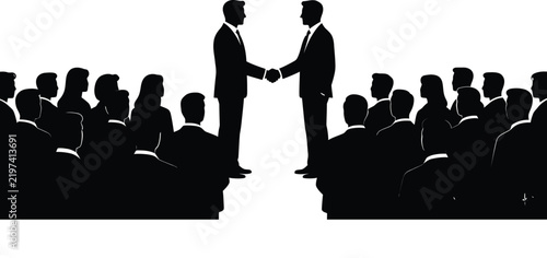 Business handshake silhouettes take place on stage before a large seated audience of corporate professionals.