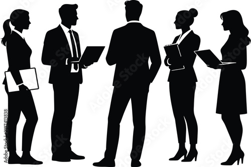 Business team silhouettes stand together discussing corporate strategy while holding laptops and folders.