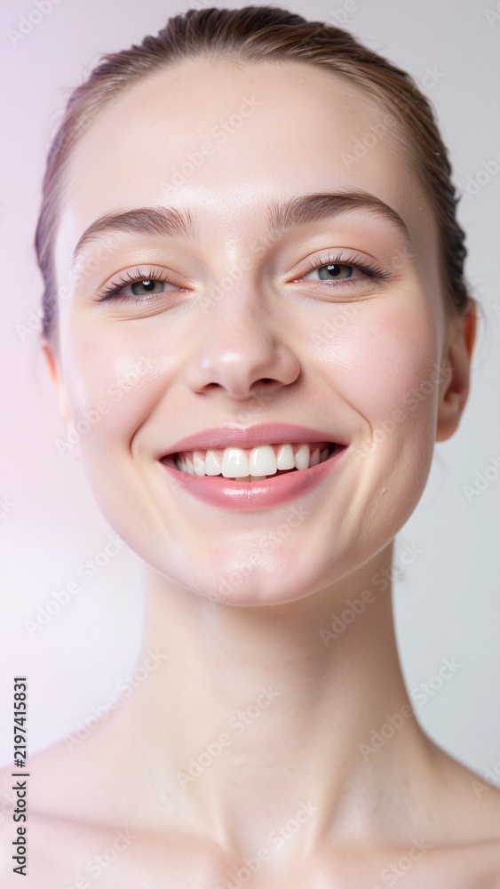 Obraz premium Smiling Woman with White Teeth and Glowing Skin Showing Skincare Results