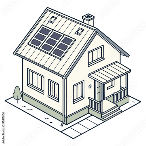 Modern residential house illustration with rooftop solar panels, green energy home concept