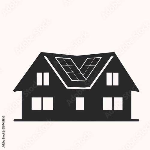 Modern residential house illustration with rooftop solar panels, green energy home concept