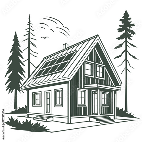 Modern residential house illustration with rooftop solar panels, green energy home concept