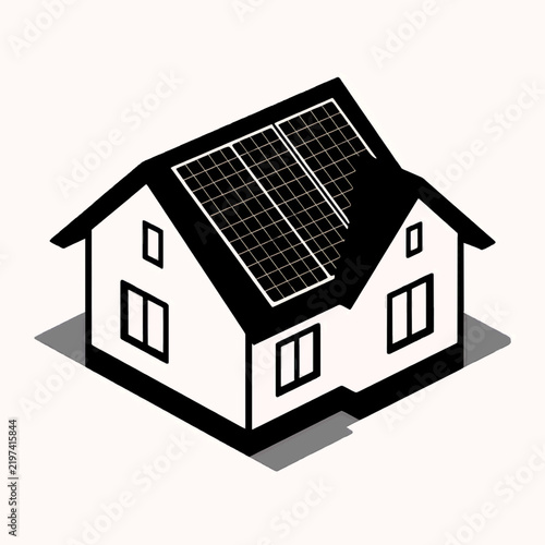 Modern residential house illustration with rooftop solar panels, green energy home concept