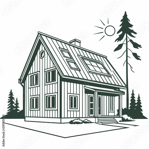Modern residential house illustration with rooftop solar panels, green energy home concept