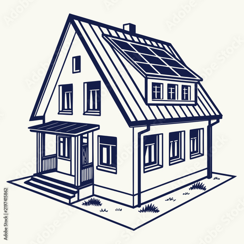 Modern residential house illustration with rooftop solar panels, green energy home concept