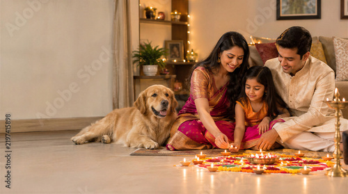 Indian family celebrating diwali festival lighting traditional diyas