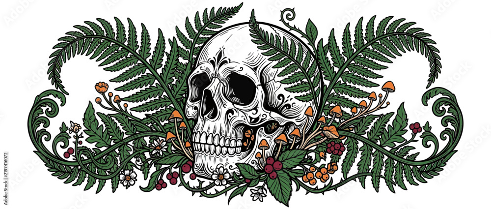 Fototapeta premium Artistic Skull Surrounded by Ferns and Fungi Illustration
