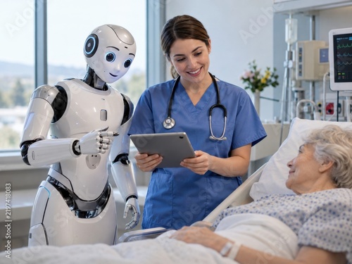 Humanoider Roboter unterstützt Pflegekraft am Krankenbett – Freundlicher Roboter begleitet eine Krankenschwester bei der Betreuung einer älteren Patientin und zeigt Hilfe, Innovation und Zukunft im Kr
