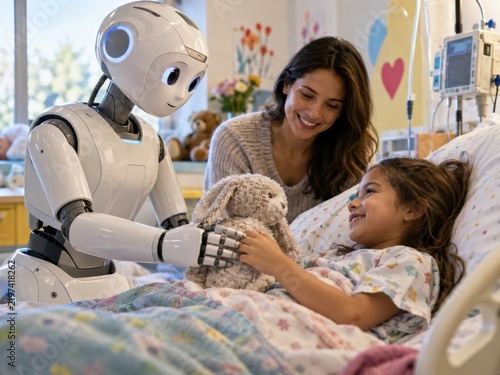 Humanoider Roboter tröstet Kind im Krankenhaus – Ein freundlicher Roboter begleitet ein Mädchen im Krankenbett und schafft gemeinsam mit der Mutter eine warme Atmosphäre voller Hilfe und Zukunft.