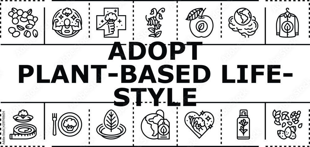 Obraz premium Adopt plant-based lifestyle banner infographic. Fruits balance, ethics tofu, sustainability health icon vector illustration