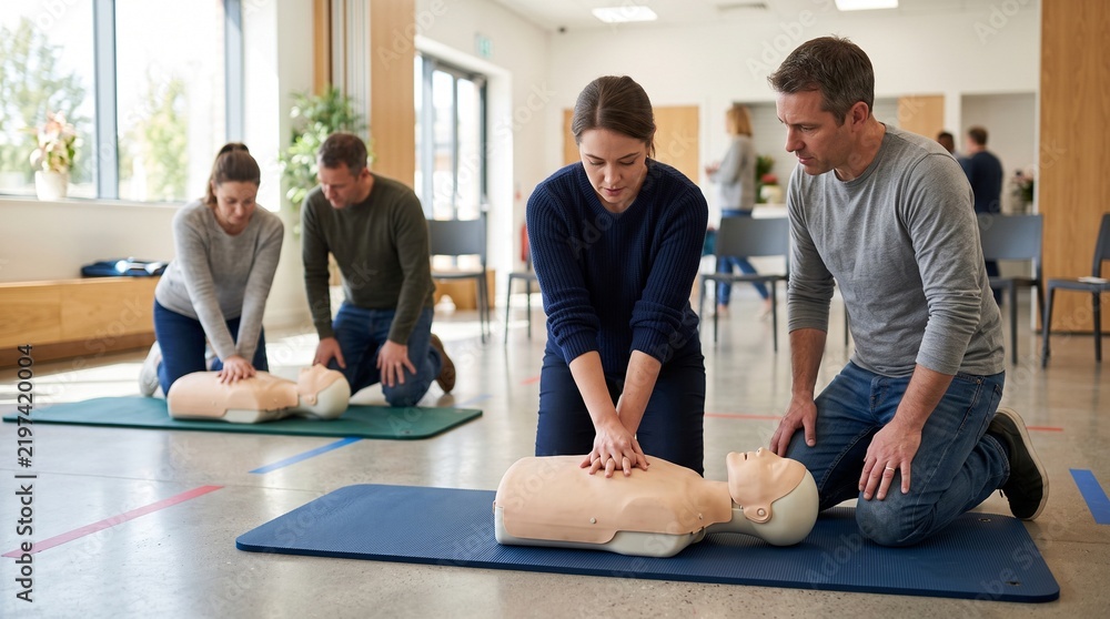 Fototapeta premium Adults practice hands-only CPR compression rhythm