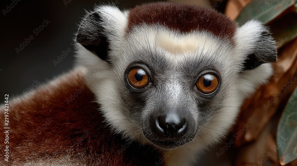 Obraz premium Close-up of a captivating lemur staring forward, with its distinctive brown eyes and black and white fur, offering a glimpse into the fascinating world of wildlife