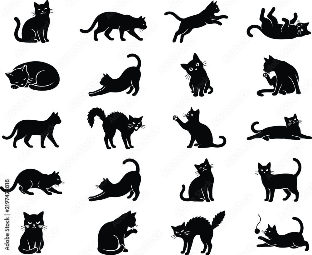 Obraz premium Black Cat Silhouettes Poses Set Domestic Pet Animal Vector Graphics Art