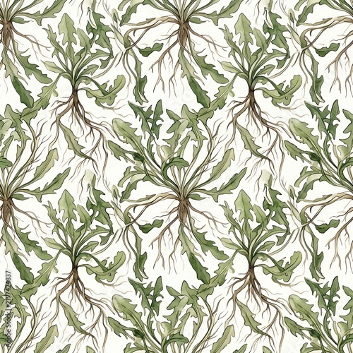 Seamless Dandelion Roots Pattern with Green Leaves Symbolizing Nature