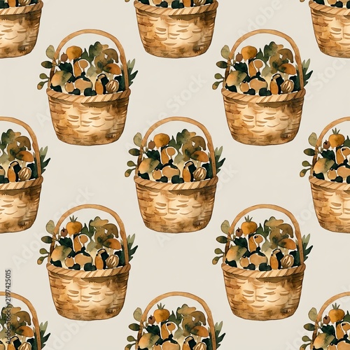 Seamless Pattern of Woven Baskets Filled with Mushrooms and Foliage Symbolizing Autumn Harvest