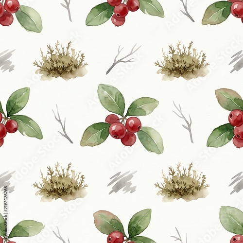Watercolor Berries with Leaves Symbolizing Nature Pattern, botanical background art