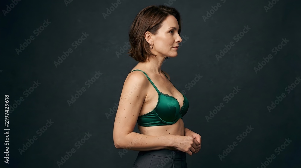 Obraz premium Side profile of a woman wearing a green bra against a dark background.