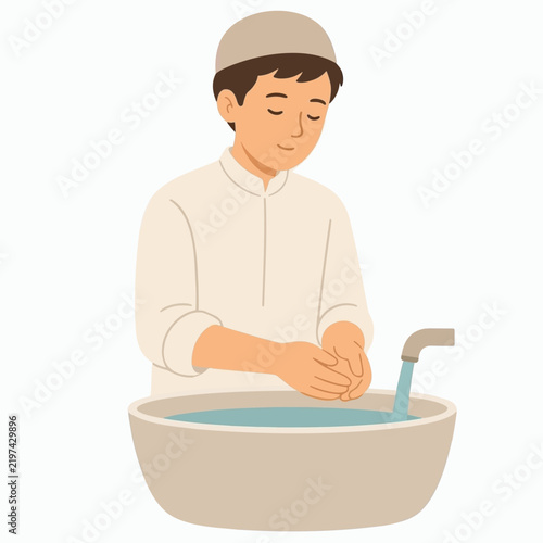 Vector cartoon illustration of someone performing wudu against