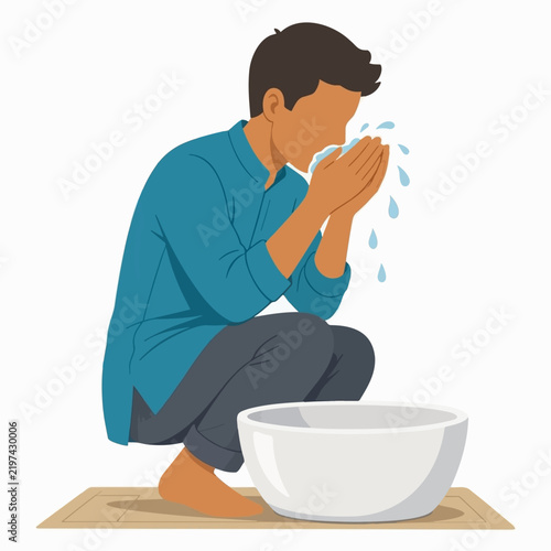 Vector cartoon illustration of someone performing wudu against a plain background.