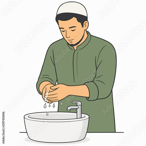 Vector cartoon illustration of someone performing wudu against a plain background.