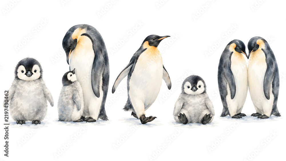 Fototapeta premium Watercolor emperor penguin family collection isolated on a white background for creative design