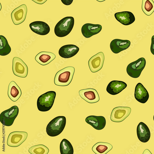 Seamless pattern with vibrant avocado slices. Cute cartoon vector fruit illustration