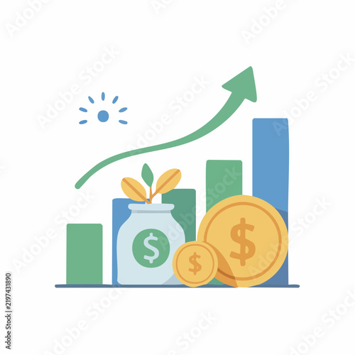 A flat vector illustration depicts a growing bar chart with gold coins and a small plant.