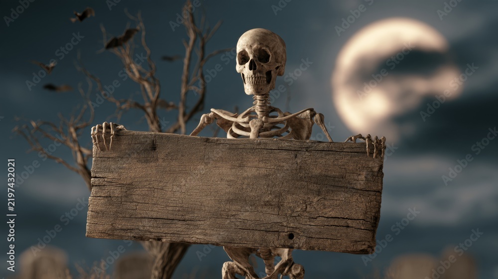Obraz premium A skeleton holding an empty wooden sign in a graveyard at night, with bats and the moon in the background.