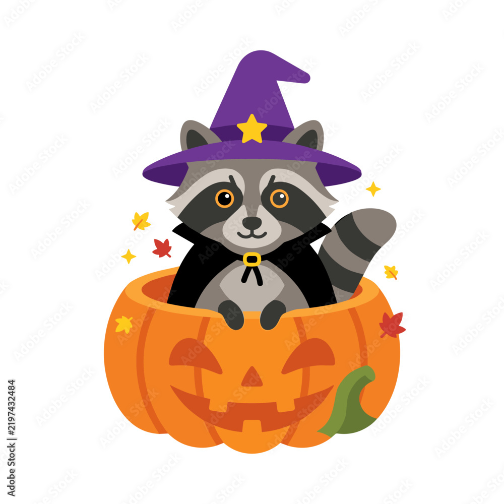 Fototapeta premium Cute cartoon raccoon wearing a pumpkin and wizard hat for halloween