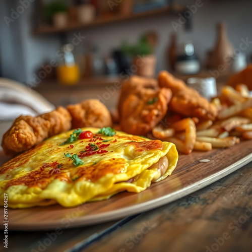 Delicious Breakfast with Fluffy Omelette and Golden Chicken