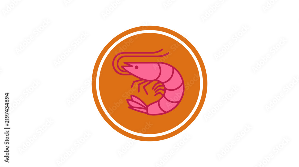 Fototapeta premium Shrimp emblem featuring a pink crustacean graphic centered inside an orange round frame against a white background.