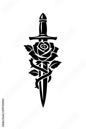 Black silhouette of a dagger with a rose wrapped around it on white background