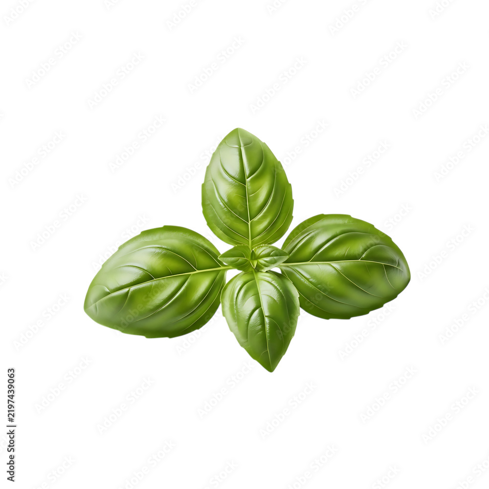 Fototapeta premium Fresh green basil leaves isolated on transparent background aromatic herb.