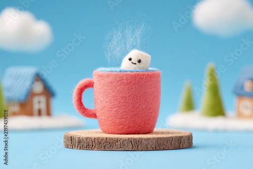 Cute marshmallow in a cup against a blue background
