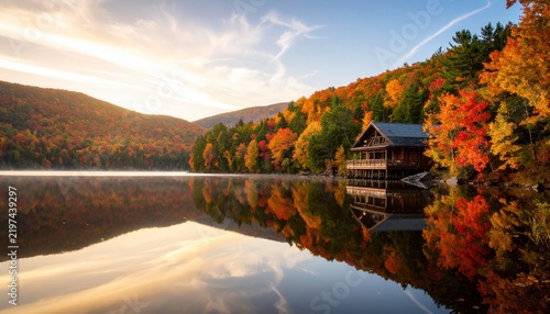 Autumn travel and wellness retreat wooden cabin on a calm lake with vibrant fall foliage and morning mist at sunrise in a peaceful wilderness
